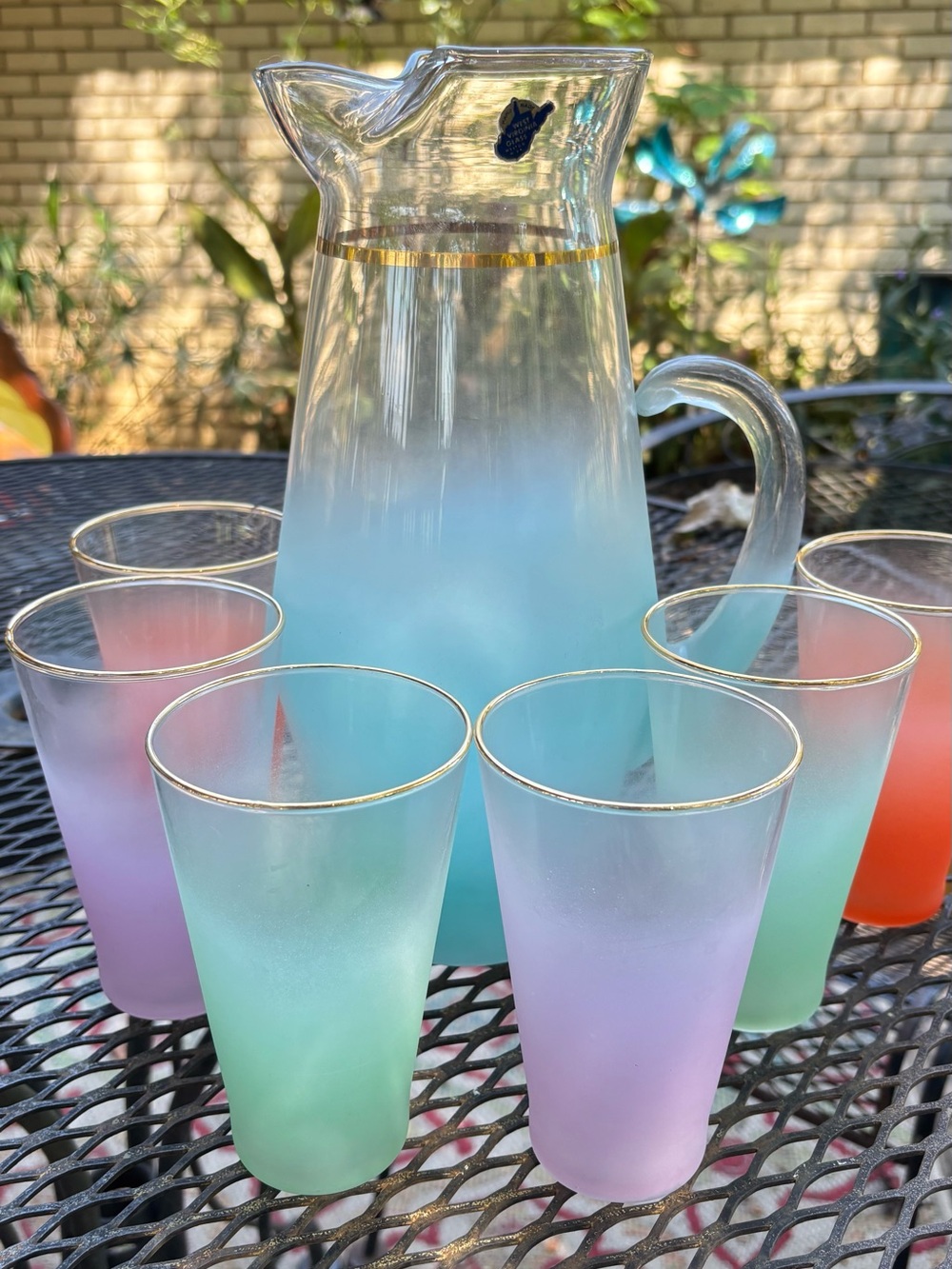 Vintage Ombre Glass Pitcher and 6-Tumbler Set with Gold Trim - Blue/Pink/Green